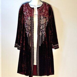 Andree SZ S Burgundy Wine Crushed Velvet Open Front Longline Embroidered Jacket